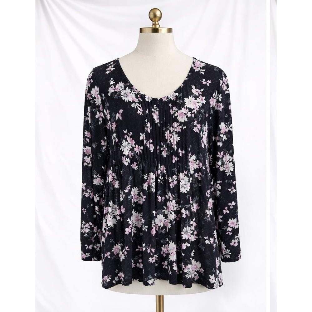 Croft & Barrow Popover Top XXL Black Pink Floral 3/4 Sleeve Smocked Flowy Office